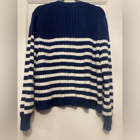 ANN TAYLOR LOFT NAVY STRIPED CARDIGAN WITH RED HEART DETAIL - Picture 3 of 3